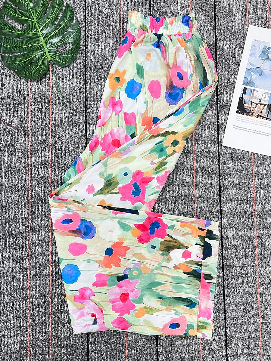 Latest Chic Women's Casual Floral Print Loose Wide Leg Pants Elastic Waist Straight Trousers For Daily Wear Boho Style Outfits