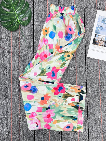 Latest Chic Women's Casual Floral Print Loose Wide Leg Pants Elastic Waist Straight Trousers For Daily Wear Boho Style Outfits