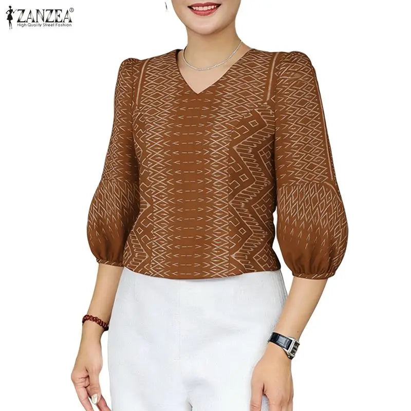 ZANZEA Woman Vintage Ethnic Print Blouses V-Neck 3/4 Lantern Sleeve Princess Seam Short Tops Summer Side Zipper Blusas de Mujer