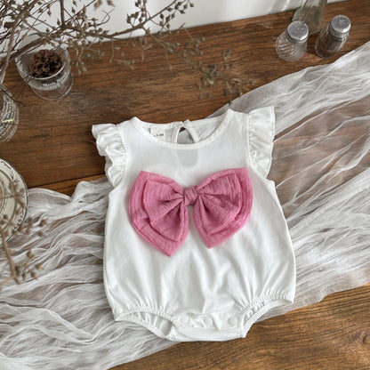 Cute Pink Bow Baby Girl Pure White Romper Sleeveless Jumpsuit Infant Clothing Cotton Soft Fabric Baby Clothes