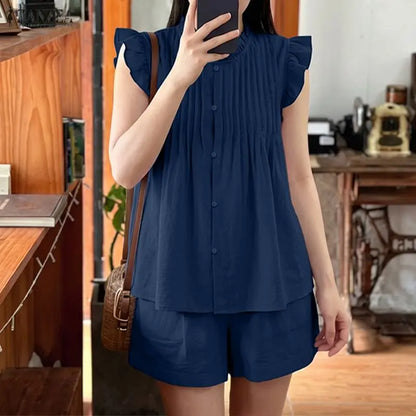 ZANZEA Women 2 Pieces Matching Short Sets Summer Ruffled Trim O-Neck Flying Sleeves Pintuck Tops & Elastic Waist Shorts Suits