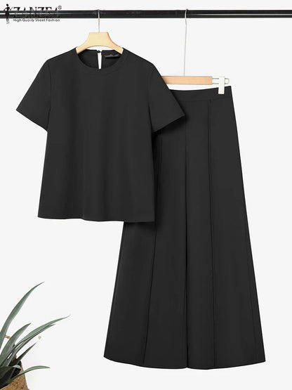 ZANZEA Summer Pant Sets Office Women 2 Pieces Set Elegant Short Sleeve Blouse Wide Leg Trousers Suit Fashion 2PCS Work OL Outfit