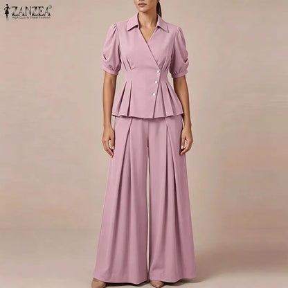 Women Elegant Office Pant Sets Puff Sleeve Peplum Tops Wide Leg Pants Pleated Cinched Waist Workwear V-Neck Solid Suit ZANZEA