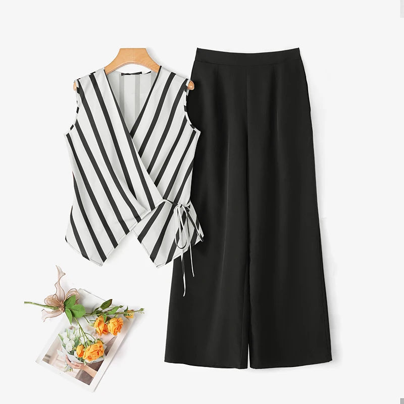 ZANZEA Fashion Summer V Neck Sleeveless Striped Tanks Tops Pants Sets Women Matching Sets Casual OL Work Outfits 2 Pieces Sets