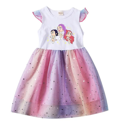 K-Pop Hunters Rumi Baby Girls Dress Children Cartoon Mesh Star Sequins Princess Dress Kids Flying Sleeve Skirt For Birthday Gift