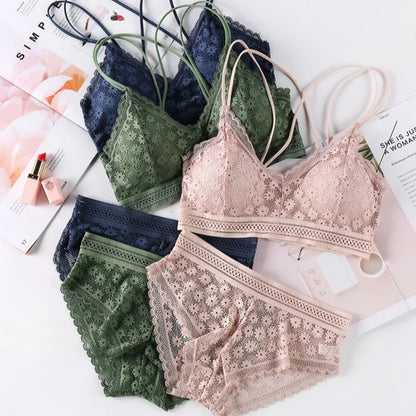 Women Lace Bra And Briefs Set Backless Bralette Solid Color Underwear Wireless Lace Bra Top Sexy Lingerie Set Female Intimates
