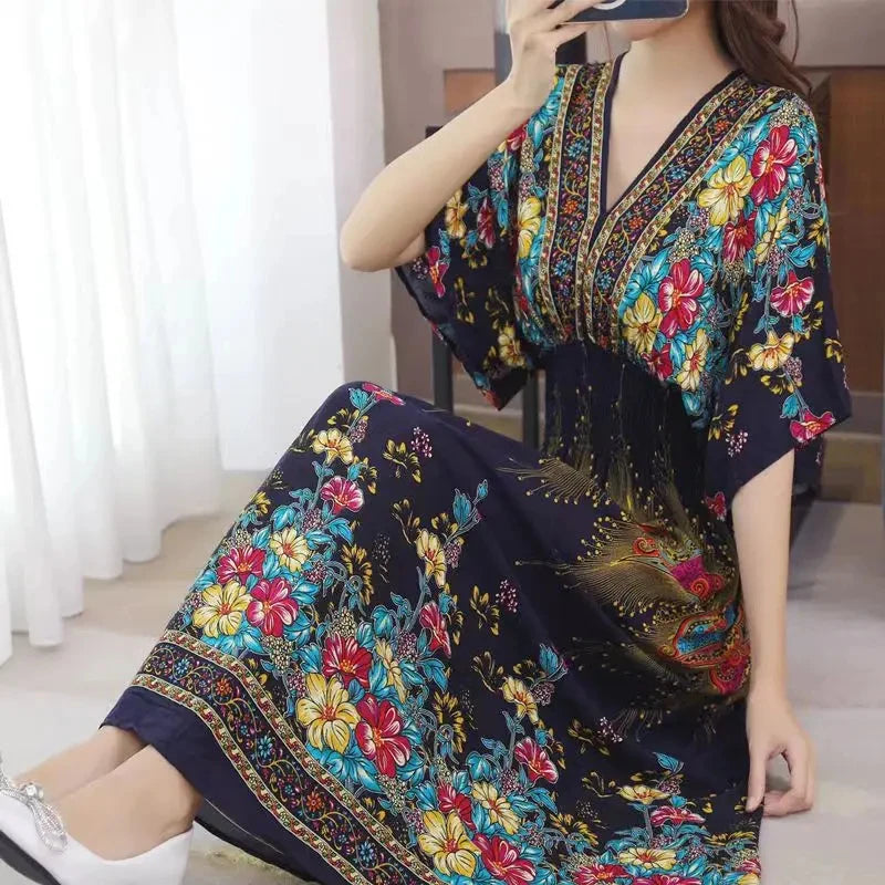 Casual Elegant Retro Bohemian National Style V-neck Elastic  Waist Large Swing Printed Summer Long Skirt Woman Dress Clothes