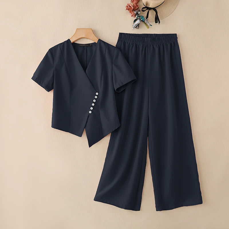 2026 Summer Pant Sets ZANZEA Fashion Women 2 Pieces Sets Short Sleeve Blouse Wide Leg Trousers Solid OL Work Outfits Tracksuit