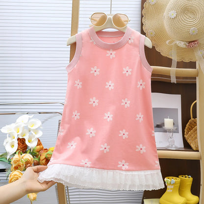 Summer Toddler Girl Dress Flowers Cotton Sleeveless Children Dress Lace Trim Kids Sundress Slip Dress Fashion Girls Clothing