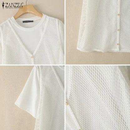 ZANZEA Summer Women Blouses Hollow Out Mesh Patchwork Tops Tee Short Sleeve Blusas Streetwear Party Fashion Tunic Oversize