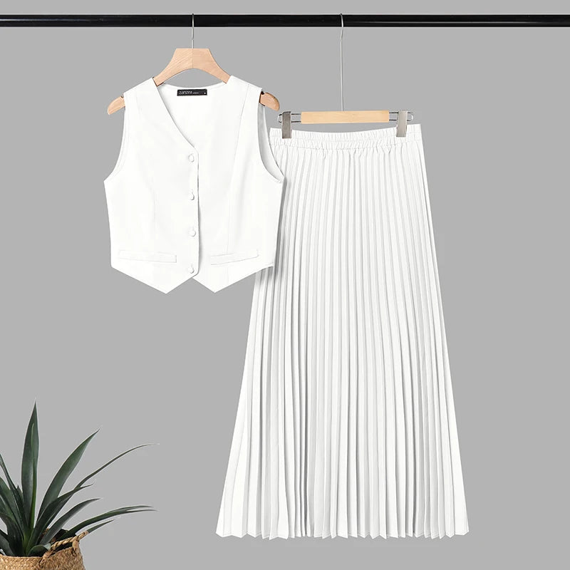 ZANZEA 2PCS Office Outfits Summer Elegant Sleeveless V Neck Short Sleeve Cropped Shirt Pleated Dress Sets Women 2 Pieces Sets