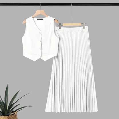 ZANZEA 2PCS Office Outfits Summer Elegant Sleeveless V Neck Short Sleeve Cropped Shirt Pleated Dress Sets Women 2 Pieces Sets