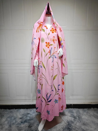 Eid Scarf Abaya Women 2 Piece Set Elegant Muslim Jalabiya Long Cardigan Dress Dubai Style Morocco Caftan for Ramadan Party Arab