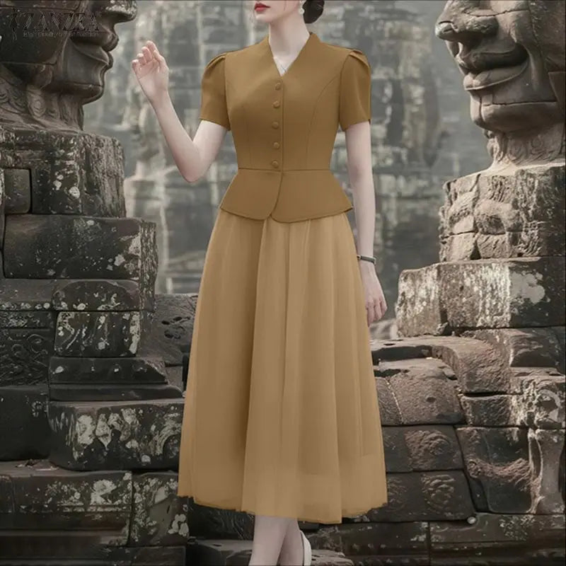2026 ZANZEA Stylish Office OL Outfits Women Summer 2 Pieces Sets Elegant Short Sleeve Waisted Blouse Dress Sets Solid Skirt Suit