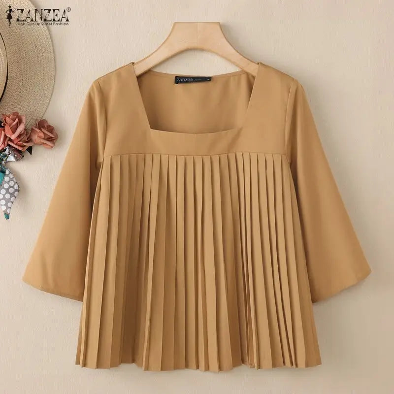 ZANZEA Pleated Detail Blouses 2026 Women Elegant Square Neck 3/4 Sleeve Solid Color Tops Summer Daily Casual Blusas de Mujer