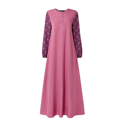 ZANZEA Women Patchwork Muslim Abaya Maxi Dresses Casual O Neck Long Sleeve Loose Ramadan Sundress Kaftan Hijab Dress Robe Femme