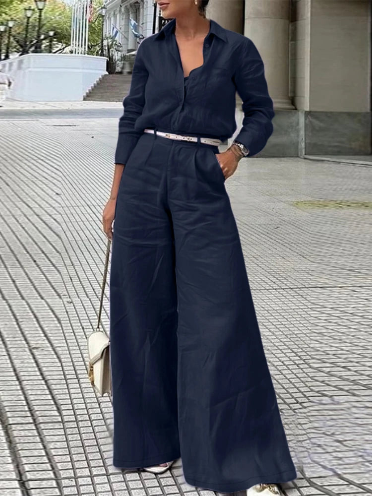 ZANZEA Street Fashion 2 Pieces Pant Sets Women 2025 Autumn Long Sleeve Shirt and Wide Leg Pants Suits Solid Color Commuting Wear