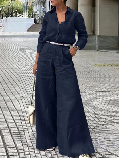 ZANZEA Street Fashion 2 Pieces Pant Sets Women 2025 Autumn Long Sleeve Shirt and Wide Leg Pants Suits Solid Color Commuting Wear