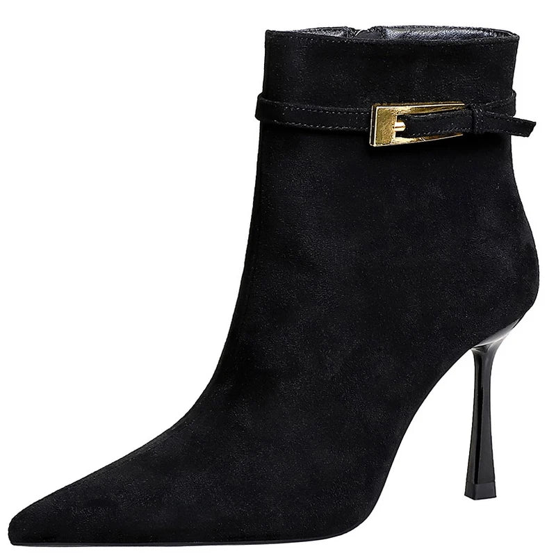 Fashion Sexy High-Heeled Boots Women Shoes Belt Buckle Side Zipper Ladies Ankle Boots Pointed Suede Women Boots Stilettos 9 cm
