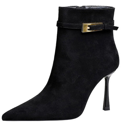 Fashion Sexy High-Heeled Boots Women Shoes Belt Buckle Side Zipper Ladies Ankle Boots Pointed Suede Women Boots Stilettos 9 cm