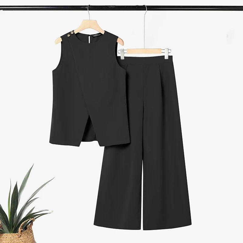 2026 ZANZEA Fashion Summer Pant Sets Sleeveless Tank Tops Trousers Women 2 Piece Sets Elegant Solid OL Work Outfit Without Belt
