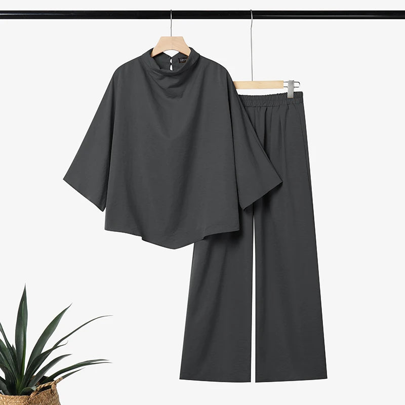 ZANZEA Stylish Autumn 2 Pieces Sets Turtleneck 3/4 Bating Sleeve Oversize Blouse Trousers Suit Women 2PCS Outfits OL Tracksuit