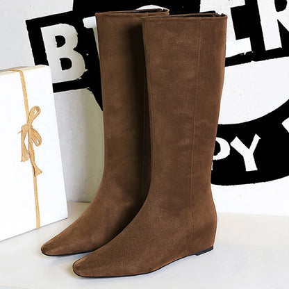 Fashion Women Knee-high Boots Rear Zipper Design High Boots Wedges Long Boots Autumn Winter Shoes Suede Square Head Women Boots