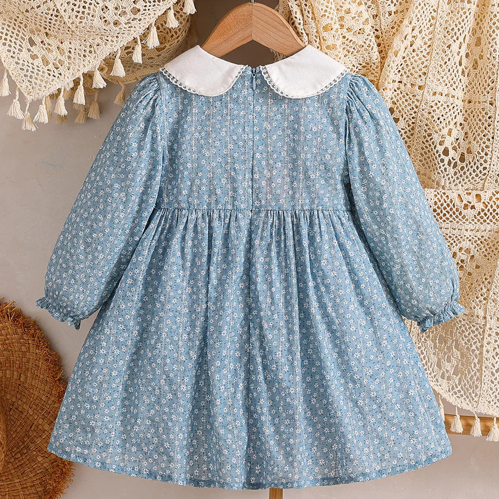 2‑6Y Girls 100% Cotton Floral Dress Spring Autumn Long Sleeve Embroidery Doll Collar Sweet A‑Line Princess Kids Party Dress