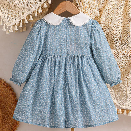 2‑6Y Girls 100% Cotton Floral Dress Spring Autumn Long Sleeve Embroidery Doll Collar Sweet A‑Line Princess Kids Party Dress