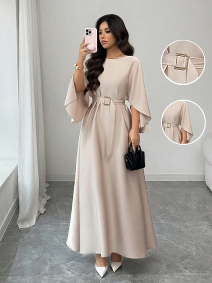 Gentle Style Round Neck Batwing Sleeve Waist-Tied Maxi Dress with Belt Elegant Commuter Long Dress