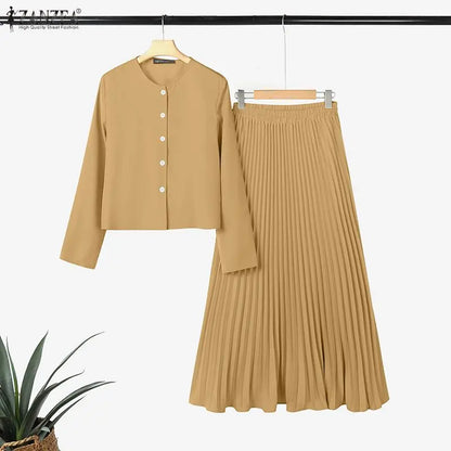 ZANZEA Elegant Muslim Sets Ramadan Outfits Women Autumn Long Sleeve Dress Suit Solid Shirt Long Skirt 2026 Spring Matching Sets