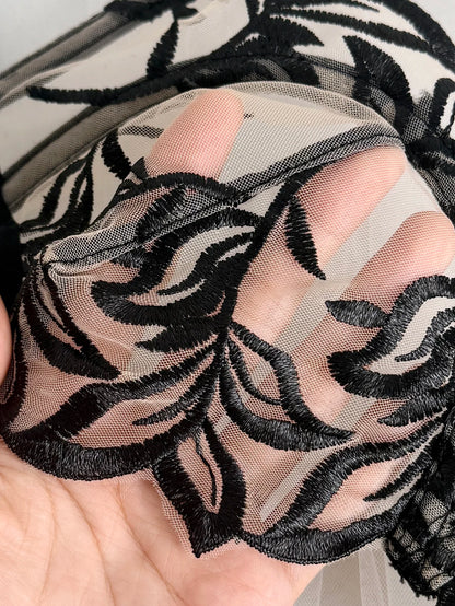 Women Black Floral Embroidery Lingerie Set Sheer Mesh Underwire Bra Side Tie Thong 2 Piece Sexy Transparent Intimate Outfit