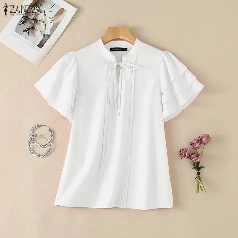 ZANZEA 2026 Woman Elegant Blouses Tie Neck Layered Ruffles Sleeves Pintuck Solid Tops Summer Casual Daily Wear Blusas Mujer 3XL