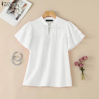 ZANZEA 2026 Woman Elegant Blouses Tie Neck Layered Ruffles Sleeves Pintuck Solid Tops Summer Casual Daily Wear Blusas Mujer 3XL