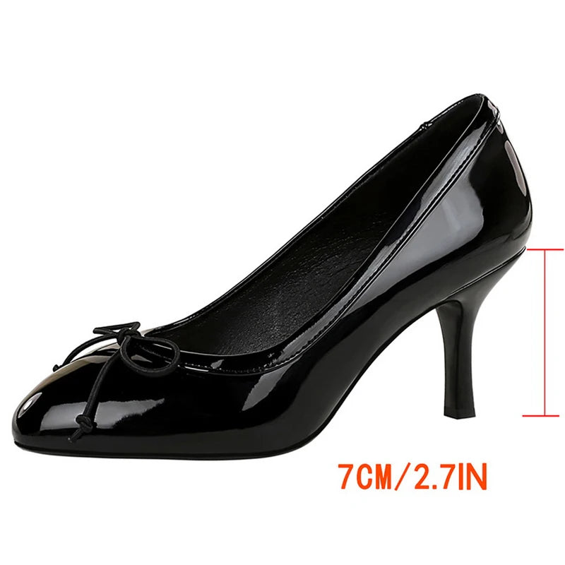 BIGTREE Shoes Round Head Women Pumps Bowknot High Heels Patent Leather Lady Office Shoes Occupation Stilettos 7 cm Heels Women