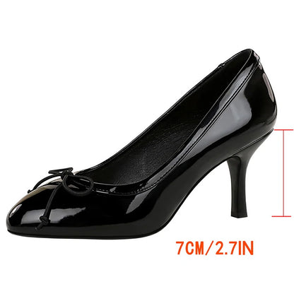 BIGTREE Shoes Round Head Women Pumps Bowknot High Heels Patent Leather Lady Office Shoes Occupation Stilettos 7 cm Heels Women