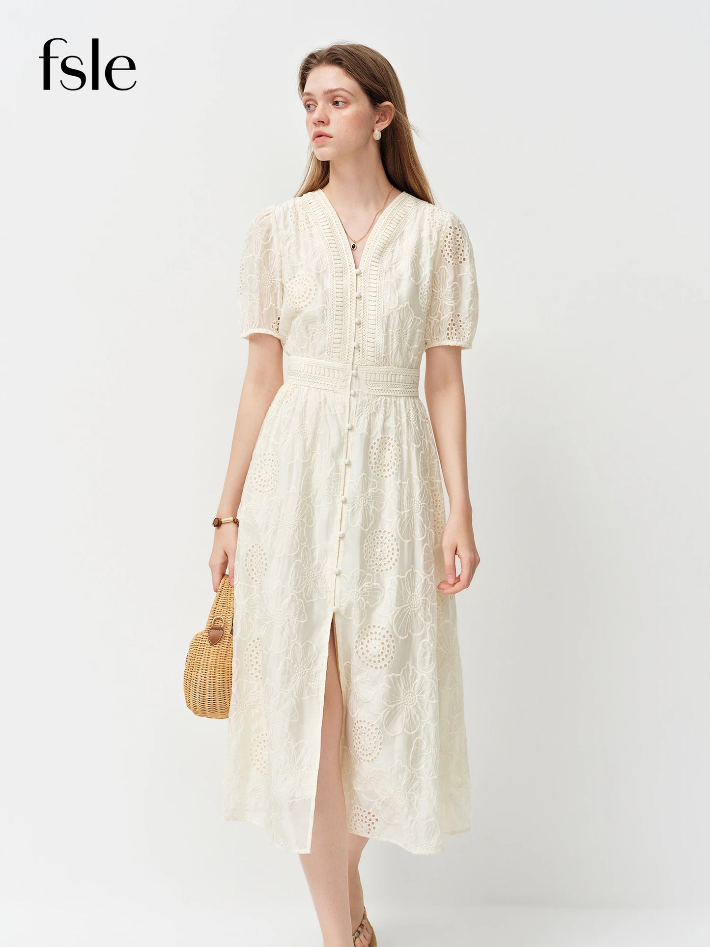 FSLE Cut-out Embroidery V-Neck A-Line Dress for Women 2026 Summer New Arrival Waist-defining Elegant Fashionable Calves Lenghth