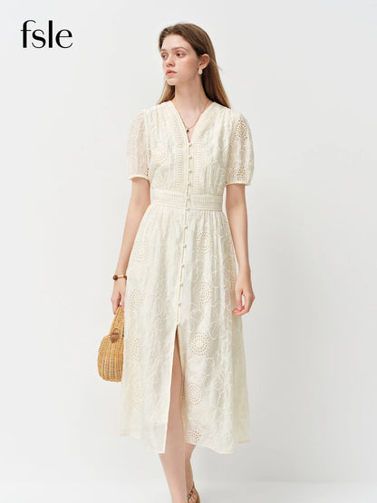 FSLE Cut-out Embroidery V-Neck A-Line Dress for Women 2026 Summer New Arrival Waist-defining Elegant Fashionable Calves Lenghth