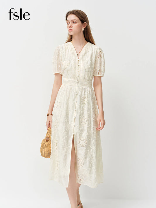 FSLE Cut-out Embroidery V-Neck A-Line Dress for Women 2026 Summer New Arrival Waist-defining Elegant Fashionable Calves Lenghth