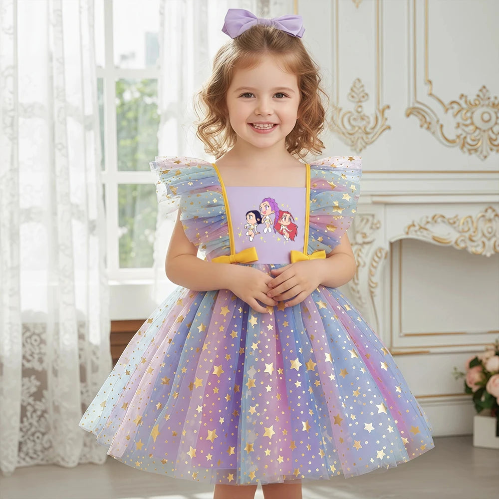 K-Pop Hunters Zoey Rumi Princess Dress for Girls Sequined Star Ruffle Bow Tutu Baby Formal Gala Prom Gown Kids Party Costume