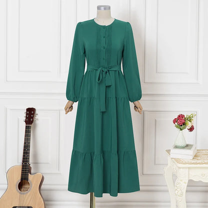 ZANZEA Women Autumn O Neck Long Sleeve Pleated Sundress Elegant Muslim Abaya Dress Maxi Robe Casual Kaftan Stylish Party Dress