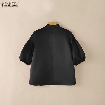 ZANZEA Woman Elegant Satin Blouses Chinese Style Embroidered Detail Mandarin Collar Lantern Sleeves Blusas de Mujer Vintage Tops
