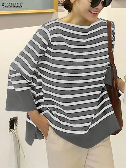 ZANZEA Fall 2025 Women's Striped T-Shirts Loose Boatneck 3/4 Sleeve Side Slit Tees Woman Everyday Casual Wear Streetwear S-3XL