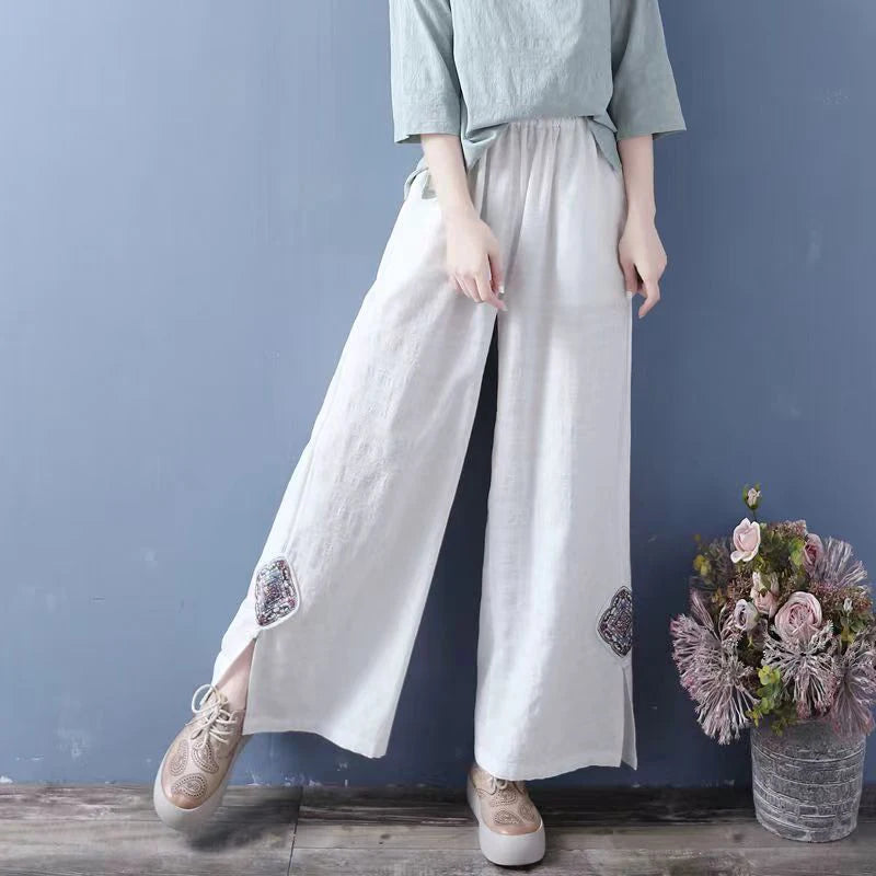High Waist Straight Leg Cotton Linen Patchwork Embroidered Wide Leg Pants Spring Summer Casual High Waist Long Trousers