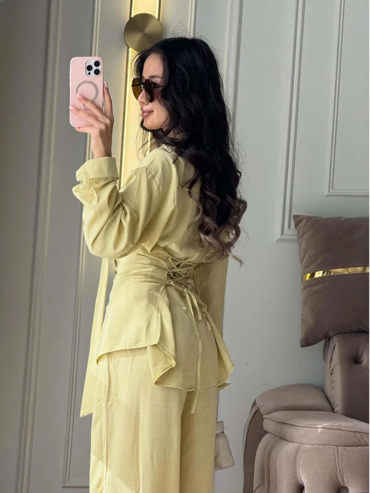 DFDG Women 2026 Spring Summer Two Piece Outfit Collared Neck Tie Waist Shirt High Waist Lantern Pants Casual Loungewear Set