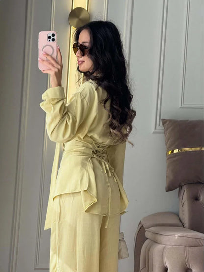 DFDG Women 2026 Spring Summer Two Piece Outfit Collared Neck Tie Waist Shirt High Waist Lantern Pants Casual Loungewear Set