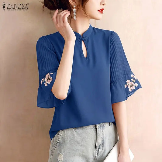 ZANZEA Woman Vintage Blouses Autumn Mandarin Collar Patchwork Accordion Pleats Floral Printed Chiffon 3/4 Sleeves Tops Blusas