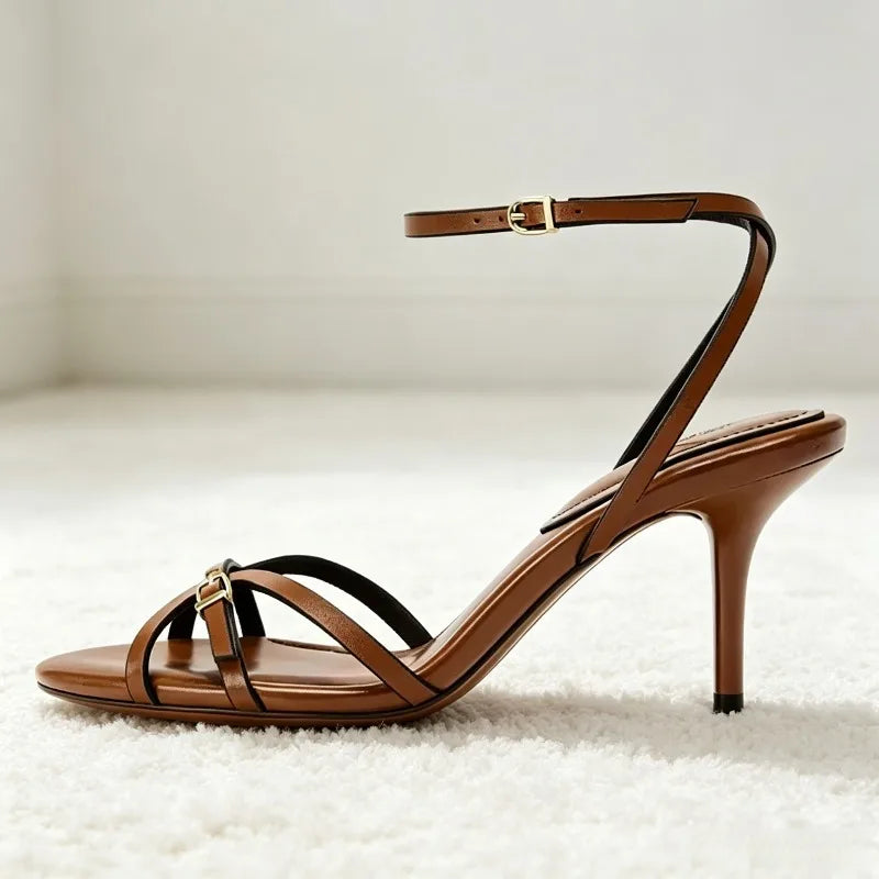 Fashion Narrow Band Buckle Detail Gladiator Sandals Women Brown Soft Leather Heeled Sandals Summer Sexy Open-toe Designer Shoes