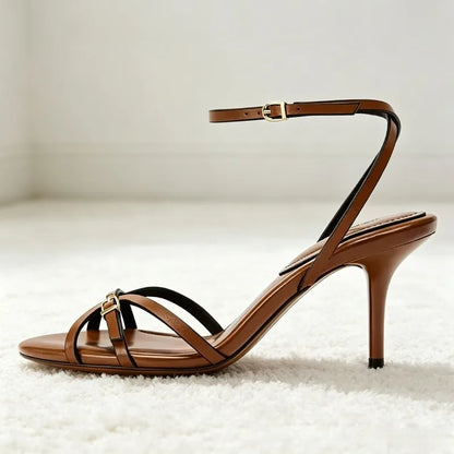 Fashion Narrow Band Buckle Detail Gladiator Sandals Women Brown Soft Leather Heeled Sandals Summer Sexy Open-toe Designer Shoes