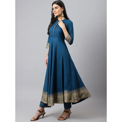 Indian Ethnic Wear Women Kurta Set Blue Printed Cotton Silk Suit Summer Traditional Salwar Kameez 3pcs Sets Breathable Outfit